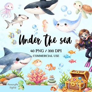 May include: A watercolour illustration with the text "Under the sea". The image depicts marine life such as a whale, shark, stingray, seahorse, and diver. There are also colourful fish, coral, and a treasure chest.