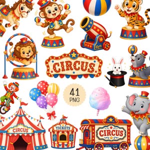 Op de afbeelding: Een verzameling van 41 circus-illustraties met een paard, aap, tijger, leeuw, zeehond, konijn, olifant, clown, circustent, ticketkraam, wagen, kanon, ballonnen, suikerspin en borden met de tekst CIRCUS en TICKETS.