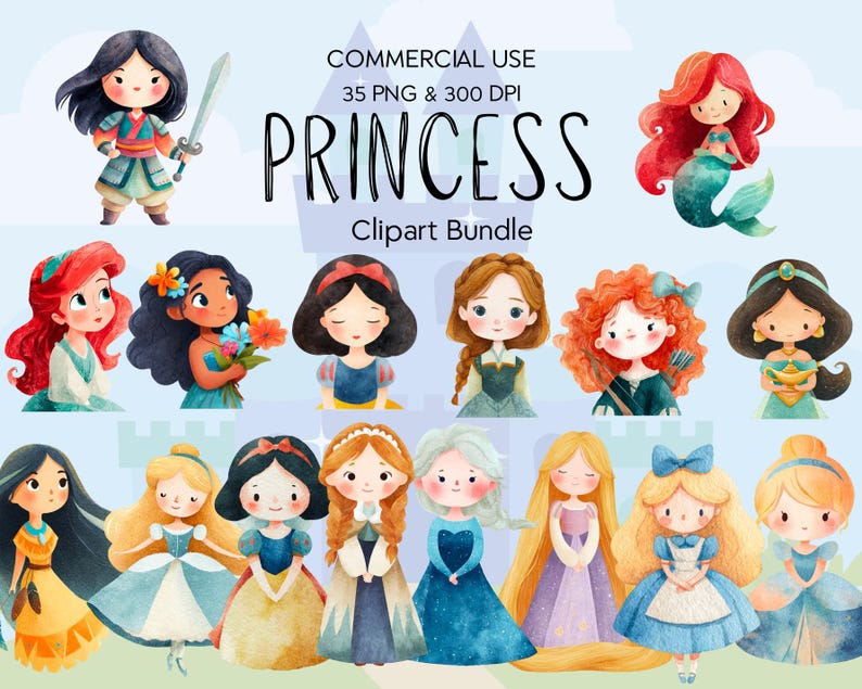 Fairy Tale Princess Clipart Bundle, Watercolor Girls Characters (300 ...