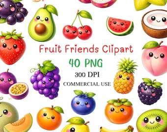 Kawaii Fruit Clipart Bundle – 40 PNG, Summer Fruits, Commercial Use (Digital Download)