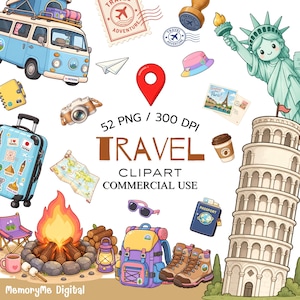 Puede incluir: Una colección digital de imágenes prediseñadas sobre viajes que incluye una furgoneta azul claro, la Estatua de la Libertad, la Torre de Pisa, una maleta, una mochila, botas de senderismo, una fogata, un mapa, una cámara y el texto 52 PNG / 300 DPI TRAVEL CLIPART.