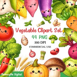 May include: A digital clipart set featuring various vegetables with smiling faces. The image includes a tomato, corn, eggplant, carrot, and more. Text reads "Vegetable Clipart Set" and "44 PNG". The image is for commercial use.