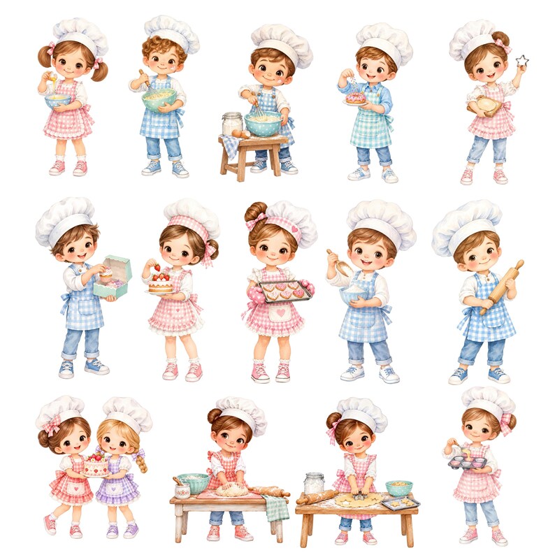 Little Bakers Clipart PNG Bundle, Cute Baking Kids Watercolor Clipart ...