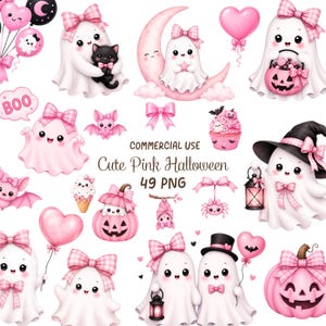 May include: A collection of digital illustrations featuring cute ghosts, pink pumpkins, bats, and hearts with pink plaid bows. The set includes ghosts holding black cats, lanterns, and candy buckets, alongside cupcakes and text reading Commercial Use.