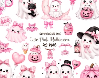 Cute Ghost Halloween Clipart, Pink Pastel Ghost Bundle, Coquette Halloween PNG, Kawaii Spooky Graphics, Kids Party Decor