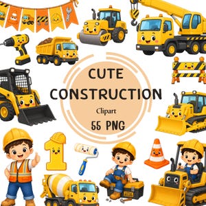 Puede incluir: Una colección de imágenes prediseñadas de construcción con vehículos amarillos como una grúa, un camión volquete, una excavadora y un rodillo, junto con dos niños con cascos, un cono de tráfico, un rodillo de pintura y el texto CUTE CONSTRUCTION 55 PNG.