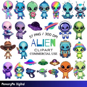Puede incluir: Una colección de imágenes prediseñadas de dibujos animados de extraterrestres coloridos. Los extraterrestres se representan en varias poses y estilos, algunos sosteniendo objetos como donas y pistolas de rayos. También está presente el texto "ALIEN CLIPART COMMERCIAL USE".