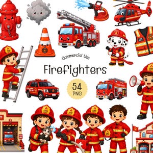 Puede incluir: Una colección de gráficos de dibujos animados con temática de bomberos que incluye camiones de bomberos, un helicóptero, un hidrante, un cono de tráfico, una estación de bomberos y niños con uniformes rojos y cascos, con el texto Firefighters.