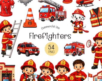 Firefighter Clipart Bundle, 54 Cute Firefighter PNG, Fire Truck Clipart, Fireman Kids, Fire Rescue Digital Download