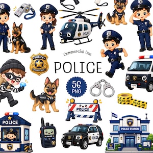 Pode incluir: Uma coleção de 56 ilustrações digitais com personagens e equipamentos de temática policial, incluindo agentes, pastores alemães, um helicóptero, uma viatura, uma esquadra, algemas, um apito, um rádio e uma barreira policial.