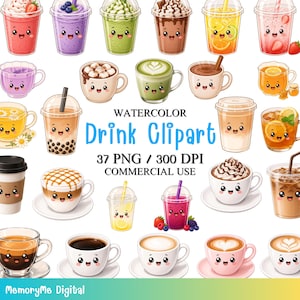 Peut inclure: Clipart de boissons à l'aquarelle, présentant diverses boissons, notamment des smoothies, du café et du thé. L'image comprend le texte "WATERCOLOR Drink Clipart" et "37 PNG / 300 DPI COMMERCIAL USE". Chaque boisson a un visage souriant.