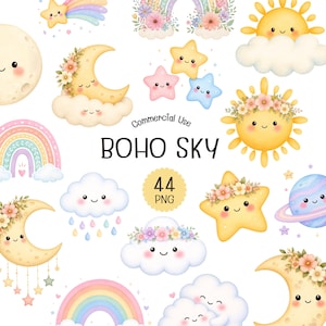 May include: A digital collection of illustrations featuring pastel-coloured celestial elements including smiling moons, suns, stars, clouds, and rainbows. The text reads Commercial Use BOHO SKY 44 PNG. These graphics display floral accents and soft, whimsical faces.