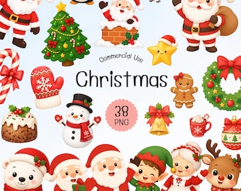May include: A collection of 38 Christmas-themed digital illustrations featuring Santa Claus, a snowman, a reindeer, an elf, Mrs. Claus, a polar bear, a gingerbread man, a Christmas tree, a wreath, a candy cane, a bell, and a star on a light blue background.