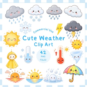 Väder Clipart PNG-paket, Kawaii väder Clip Art, kommersiellt bruk, 42 PNG-filer, sol moln regn snö regnbåge, utskrivbar digital nedladdning