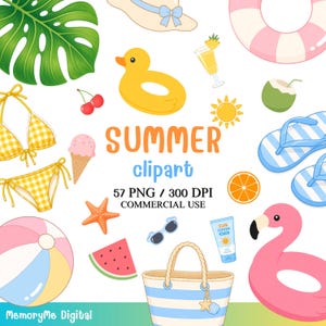 May include: A collection of summer-themed clipart elements, including a yellow duck float, a bikini, a beach bag, sunglasses, and a flamingo float. The text "SUMMER clipart" is displayed.