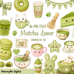 Puede incluir: Una colección digital de 46 archivos PNG titulada Matcha Lover con ilustraciones en tonos verdes que incluyen un dónut, taza de café, banderines, un gato en una taza, batidor de bambú, pastel, macarons, corazón, estrella, conejo y bebidas matcha.