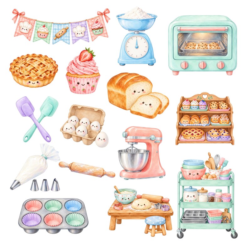Little Bakers Clipart PNG Bundle, Cute Baking Kids Watercolor Clipart ...