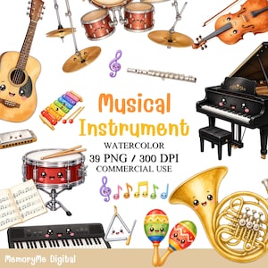 Puede incluir: Ilustración en acuarela de varios instrumentos musicales, incluyendo una guitarra, batería, piano, violín y maracas. La imagen presenta el texto "Musical Instrument" y otros detalles.