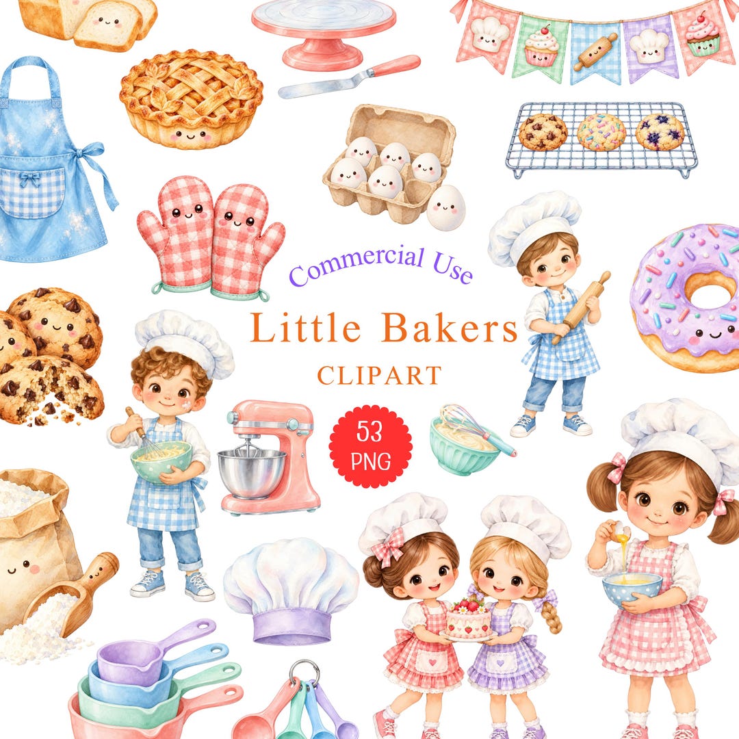 Little Bakers Clipart PNG Bundle, Cute Baking Kids Watercolor Clipart ...