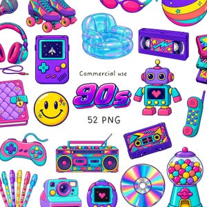 May include: A collection of 90s-themed digital illustrations featuring a handheld game console, inflatable chair, robot, boombox, cassette tapes, smiley face, gumball machine, headphones, roller skates, and pens with vibrant pink, blue, and purple colours.