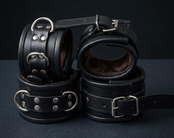 Leather 4 Piece Cuffs Padded Restraints – Adjustable Wrist & Ankle Cuffs