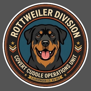 May include: Circular patch featuring a smiling Rottweiler dog with black and tan fur. The text "Rottweiler Division" arches above the dog, with "Covert Cuddle Operations Unit" below. Additional text reads "Aldermoor Co. K9-08".