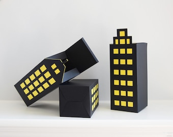 Superhero Gift Box SVG CUTTING FILES for Cricut | Unique Skyscraper Party Favor Template Set of 3, Kid Birthday Party Decor, City Skyline