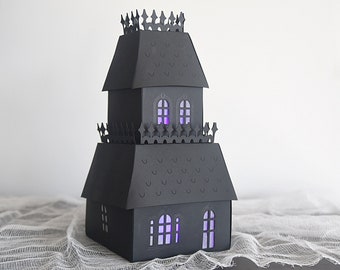 ハロウィンのお化け屋敷SVG、3Dペーパープッツハウステンプレート（デジタルダウンロード）