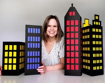 Jumbo 3D Skyscraper SVG CUTTING FILES for Cricut Template Set of 4 Superhero Birthday Party Theme Decor diy City Skyline Comic Book Lover