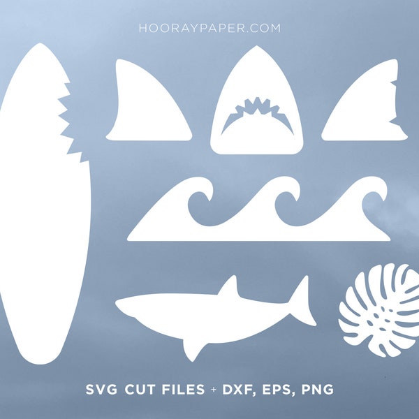 Shark Bite SVG Cutting Files for Cricut, Silhouette, DXF, PNG / Ocean Waves Clipart / Surfboard / Tropical Leaf / Shark Fin Birthday Party