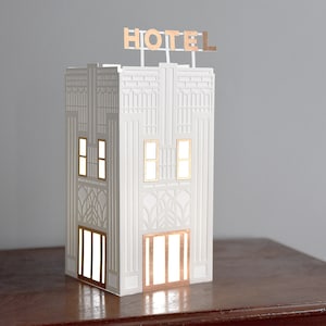 ARCHIVOS DE CORTE SVG de hotel para Cricut, Silhouette, ScanNCut2 / Plantilla única de pueblo navideño de casa de papel / Estilo vintage de mediados de siglo