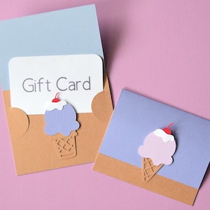 Archivos de corte SVG para portatarjetas de regalo de helado para Cricut y Silhouette. Bonito juego de 2 plantillas de tarjetas, sobre de regalo, regalo de agradecimiento de verano.