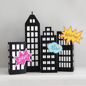Superhero City SVG CUTTING FILES for Cricut Set of 4 3D Skyscrapers for Kid Birthday Party Centerpiece Skyline Decoration Comic Book Lover