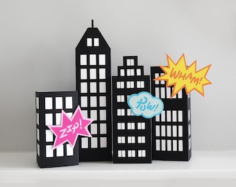 Superhero City SVG Cutting Files for Cricut / 3D Set of 4 Skyscrapers Cityscape for Super Hero Birthday Party Centerpiece Decoration / DXF