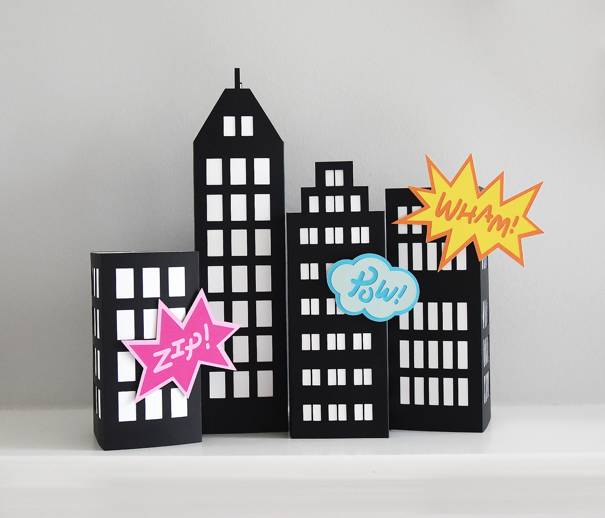 Superhero City SVG CUTTING FILES for Cricut Set of 4 3D Skyscrapers for Kid Birthday Party Centerpiece Skyline Decoration Comic Book Lover
