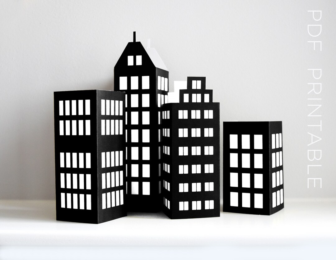 Skyscraper PDF PRINTABLE for Super Hero Birthday Party Decoration DIY, 3D Set of 4 Gotham City Building Templates for Comic Book Fans / B&W - Etsy