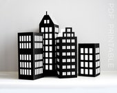 Skyscraper PDF PRINTABLE for Super Hero Birthday Party Decoration DIY, 3D Set of 4 Gotham City Building Templates for Comic Book Fans / B&W