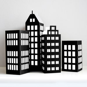 Skyscraper PDF PRINTABLE for Super Hero Birthday Party Decoration DIY, 3D Set of 4 Gotham City Building Templates for Comic Book Fans / B&W