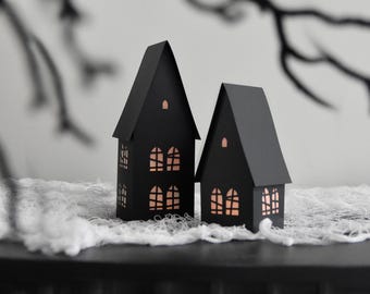 お化け屋敷のSVGテンプレート：小さなDIYハロウィンペーパーランタン、2個セット（デジタルダウンロード）