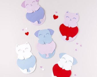 Cat + Dog SVG Template for Cricut, Silhouette | Valentine Heart–Holder Classroom Cards (Digital Download)