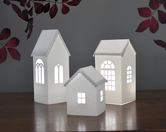 Fichiers de découpe SVG Paper House pour Cricut, ScanNCut2 / Lot de 3 modèles 3D de maisons Putz pour une décoration intérieure, un luminaire ou un cadeau de pendaison de crémaillère