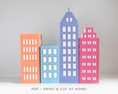 Superhero City PDF PRINTABLE for Birthday Party Centerpiece or Decoration DIY, 3D Set of 4 Skyscraper Building Templates for Comic Book Fans