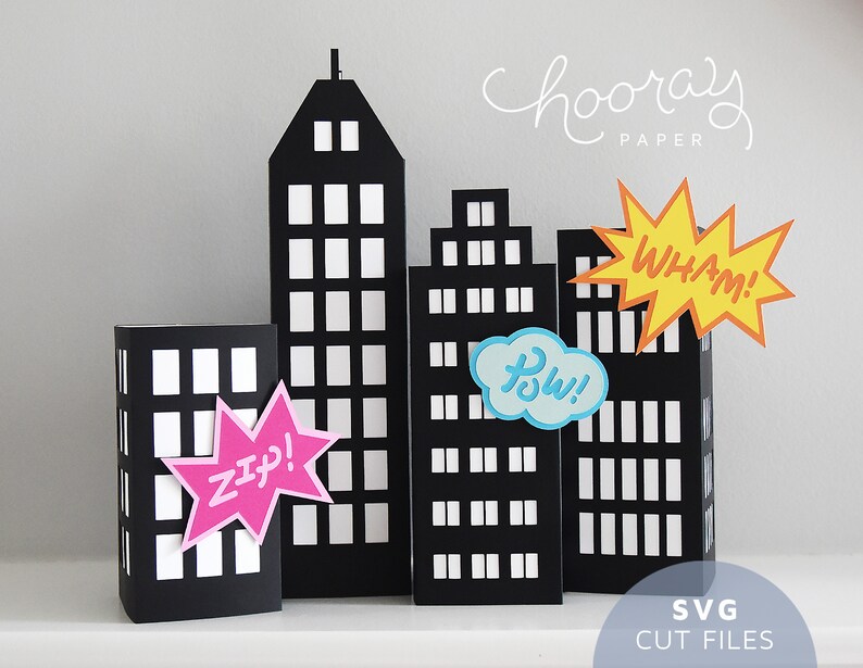 Superhero City SVG Cutting Files for Cricut 3D Set of 4 Skyscrapers Cityscape for Super Hero Birthday Party Centerpiece