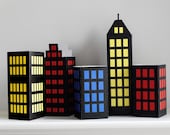 Superhero PDF PRINTABLE for Birthday Party Centerpiece Decoration DIY, 3D Set of 4 Skyscraper City Building Templates for Comic Book Fans