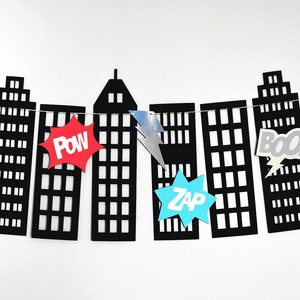 Superhero SVG CUTTING FILES for Cricut, Silhouette / City Skyline Skyscraper Garland for Kid Birthday Party Decor / Pow Boom Zap Buildings