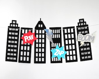 Superhero Garland SVG CUTTING FILES for Cricut, Silhouette, City Skyline Skyscraper, Kid Birthday Party Decor, Pow Boom Zap