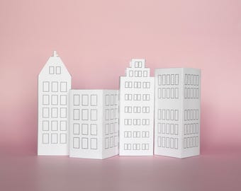 Superhero PDF PRINTABLE Coloring Sheet to Create 3D Skyscrapers, Kid Birthday Party Activity, DIY Craft, Set of 4 City Skyline Buildings