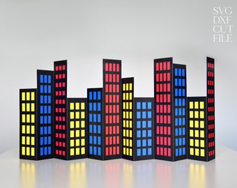 Superhero Party SVG CUTTING FILES for Cricut  3D Paper Skyscraper City Skyline Decor Birthday Party Supplies Comic Book Table Centerpiece