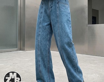 Calça jeans de perna larga | Jeans folgado de cintura alta | Para o dia a dia | Estilo streetwear minimalista