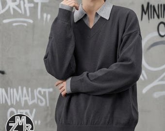 Blusa com gola sobreposta | Suéter folgado de manga comprida | Ideal para o dia a dia | Estilo casual minimalista